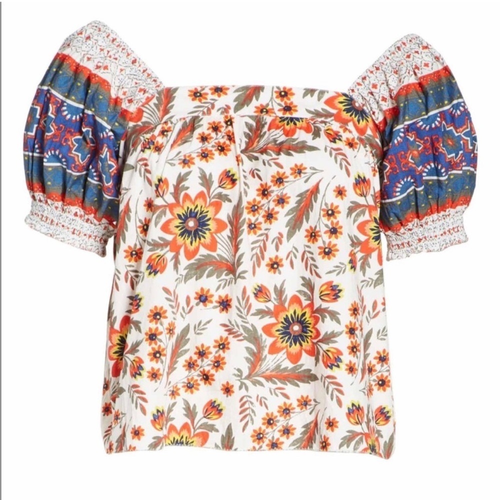 Joie Cleona Cotton Top Puff Sleeves floral square neck ruffle brunch smocked L
